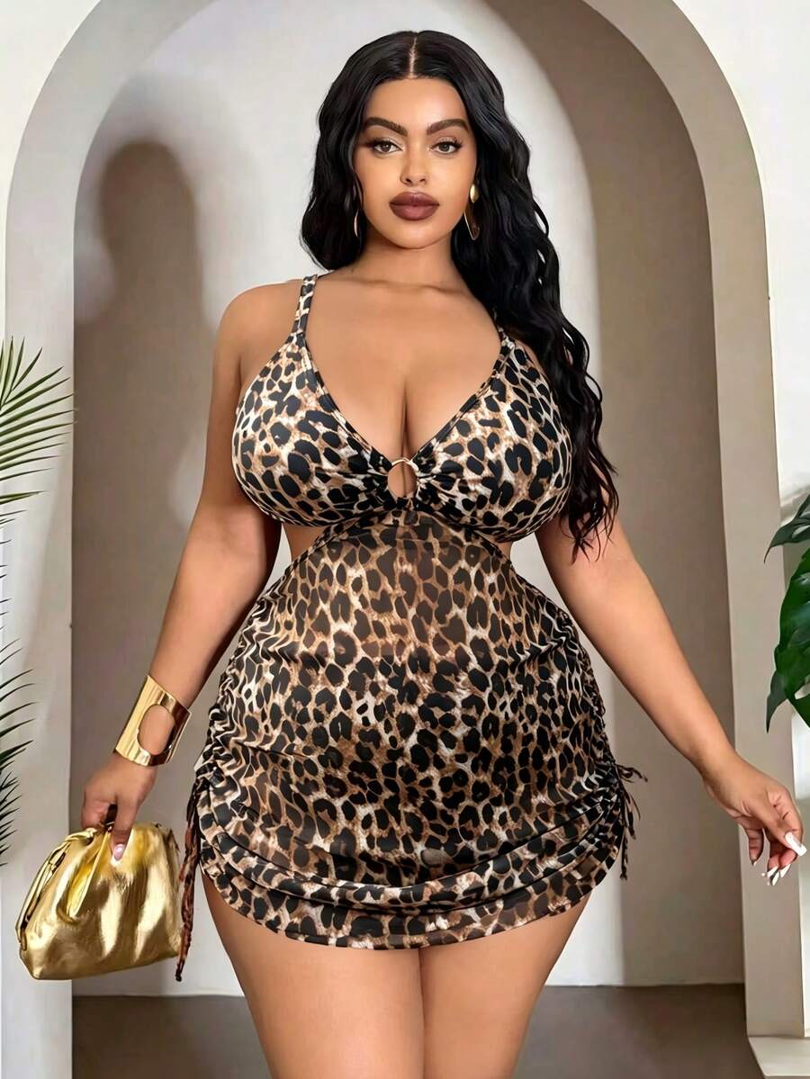 Slaydiva Bộ 2 món bikini tam giác nữ size lớn, họa tiết da báo đa màu ngẫu nhiên, phong cách thời trang casual đi chơi và mặc hàng ngày, thiết kế lưới xuyên thấu khoét lỗ vòng, dây rút nơ, quai dày điều chỉnh được, cạp cao - Nhiều màu - Xem 1