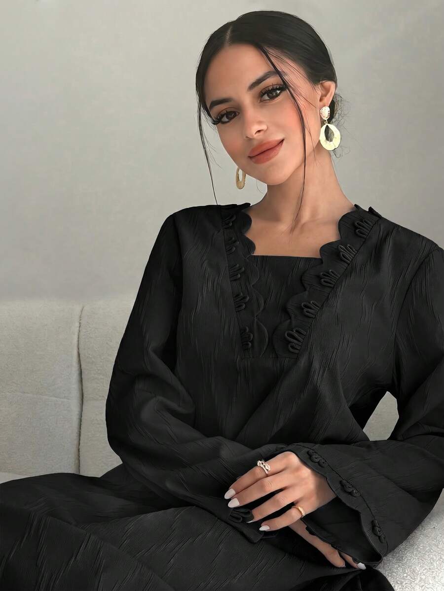Al Najma 女款優雅紋理時尚百搭阿拉伯長裙 - 黑色 - 查看 1