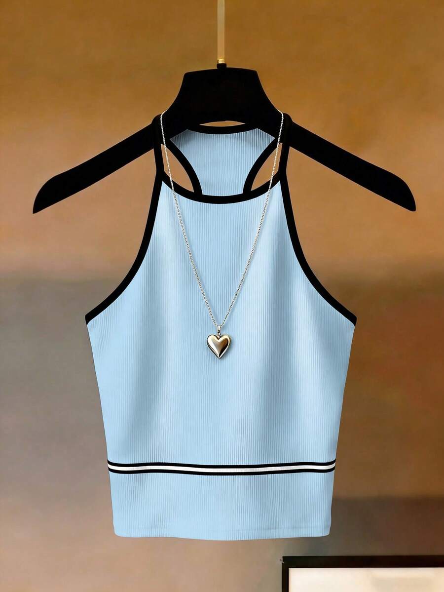Franclia Women's Elegant Casual Sexy Y2K Style Black & White Contrast Color Patchwork Ribbon Decor Suitable For Leisure, Vacation, Sports, Versatile Cropped Tank Top For Summer