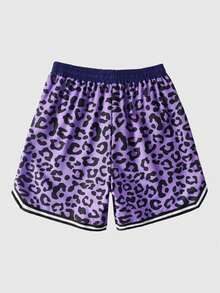 ROMWE MEN Prep Herren Leopardenmuster Denim Kordelzug Taille Tasche Lässig Shorts - Violett - Übersicht 2