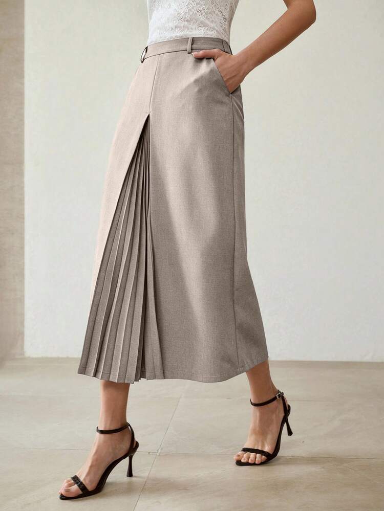 WOMEN'S FASHION PLEATED PATCHWORK SOLID COLOR SKIRT