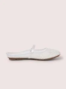 CUCCOO DOLLMOD Women's Shoes, Beige, Flower Embroidered Upper, Exposed Heel, Round Toe, Flat Bottom, Sweet, Cute, Comfortable And Casual. - Bead Flower - White - View 4