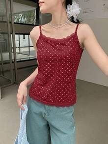 K-Vae 白色波点蕾丝边吊带背心，甜美可爱修身夏季上衣，柔软针织面料，韩式休闲百搭，街头风，必备叠穿单品 - 酒紅色 - 查看 5
