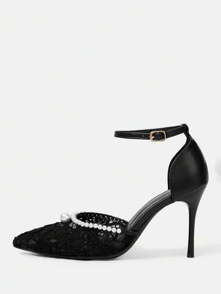 CUCCOO HITCHD Women Shoes Spring Summer Pearl Decorative Lace Hollow One-Word Buckle Tip Stiletto, Celebrity Lace, Women's High Heel Sandals Banquet Party Dating Commuting Shopping Wedding Festival Gifts