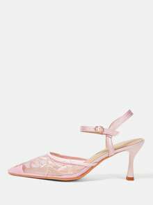 CUCCOO HITCHD Women's Embroidered Mesh Design Pointed Toe Asymmetric Heel High Heels, Romantic Elegant Stylish Mesh Pumps With Exposed Heel For Formal Occasions, Dates, Afternoon Tea, Weddings, Parties, Valentine's Day Spring Shoes - Light pink 5 - View 2