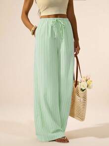 SHEIN Tall Quần ống rộng kẻ sọc có dây rút, kiểu dáng dễ thương cho mùa hè, kỳ nghỉ, đi biển, thanh lịch, chất liệu vải lanh, trang phục công sở cho nữ, quần mùa xuân cho nữ. - Màu xanh Bạc hà - Xem 4