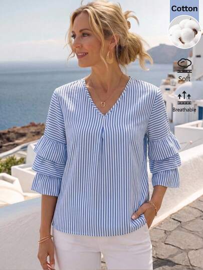 EMERY ROSE Women's Striped V-Neck Short Sleeve Casual Loose Blouse