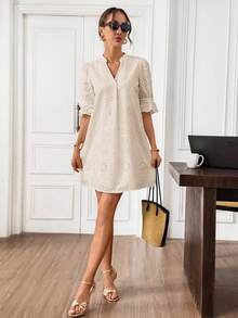 Editum Women's Notched Neck Cutout 3/4 Sleeve Ruffled Hem Eyelet Embroidery Loose Casual Dress, Pure White, Elegant For Daily, Vacation, Commute, Spring/Summer - Khaki - View 7