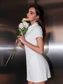Bris Aura Sweet & Fresh Pink Short Sleeve Shirt Dress, Waist Cinched Slimming Stylish Blouse Dress For Summer Elegant White - White - View 5