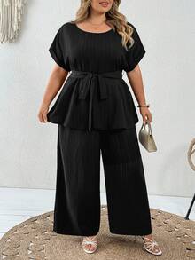 SHEIN CURVE+ 女款優雅柔軟修身休閒正式通勤早午餐辦公室純色襯衫與長褲兩件套大尺碼夏季服飾黑色度假風 - 黑色 - 查看 3