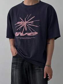 DAZY 男士海軍藍字母印花圓領短袖T恤，夏季圖案男士短袖上衣 - 藏蓝色 - 查看 3
