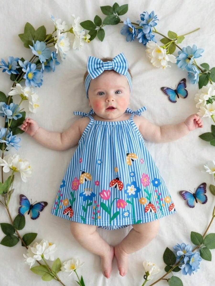 SHEIN Newborn Baby Girls' Casual Baby Girl Sweet Floral Striped Cami Dress, Summer Holiday Photoshoot Pastel Blue