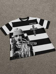 Manfinity EMRG Men's Black And White Striped Summmer Streetwear T-Shirt,Oversized Cross Gothic Graphic Print Tee,Vintage Y2K Crew Neck Short Sleeve Top,City Break - Multicolor - View 3