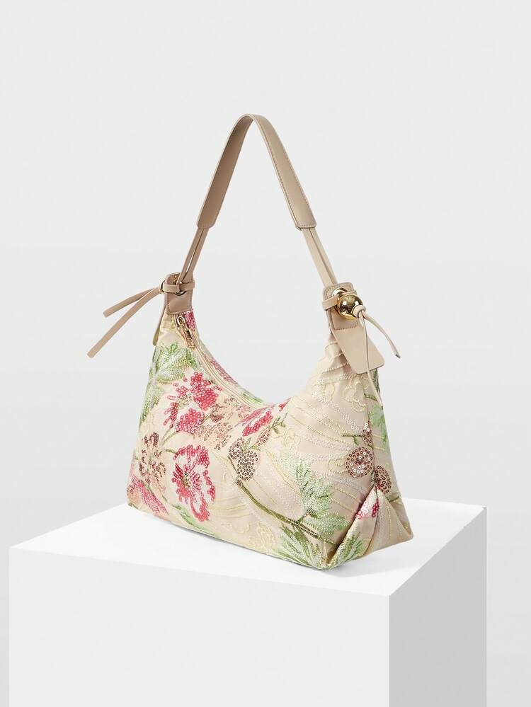 WOMEN'S FASHION APRICOT SHOULDER BAG, SEQUIN BAG, FLORAL PATTERN, EMBROIDERY BAG, DINNER OCCASION, PARTY DRESS UP, PROM BAG, PROM ACCESSORIES, WEDDING SUPPLIES, ELEGANT LADIES HANDBAG, WOMEN'S GIFT (RANDOM PATTERN)