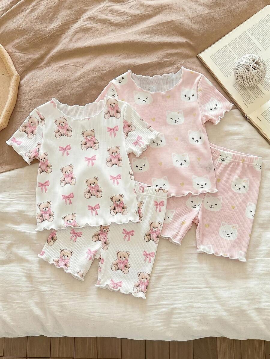 SHEIN LMoss Kids 女嬰 4 件組可愛花卉印花荷葉邊圓領短袖上衣與短褲休閒舒適睡衣套裝,夏季 - 彩色 - 查看 1