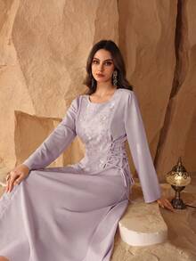 Al Najma Elegant Beaded Embroidery Round Neck Arabic Style Dress For Women - Mauve Purple - View 6