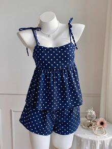 Comfortcana Bộ đồ đi nghỉ mát nữ gồm áo hai dây và quần short chấm bi, màu xanh navy, trang phục đi nghỉ mát cho nữ. - Màu xanh hải quân - Xem 4