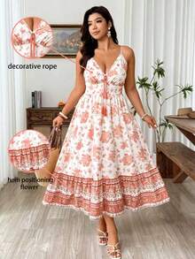 Weeklong Plus Size Women's Elegant Brown Summer Boho Floral Print Maxi Dress,Spaghetti Strap Backless Tassel Decor Bachelorette Party Tea Party Holiday - Pink - View 5