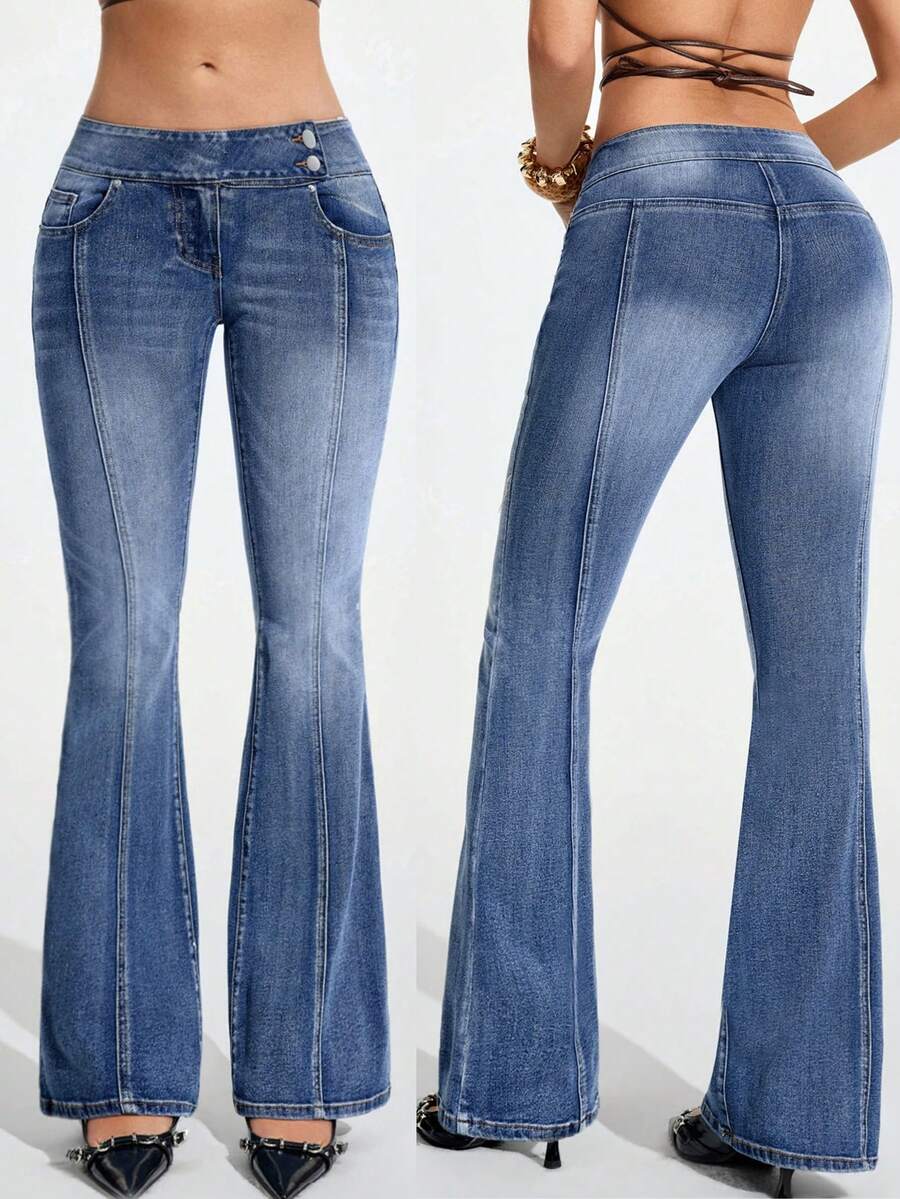 Jeanoix Jeans évasés polyvalents et décontractés pour femmes avec poches - Bleu azur - Voir 1