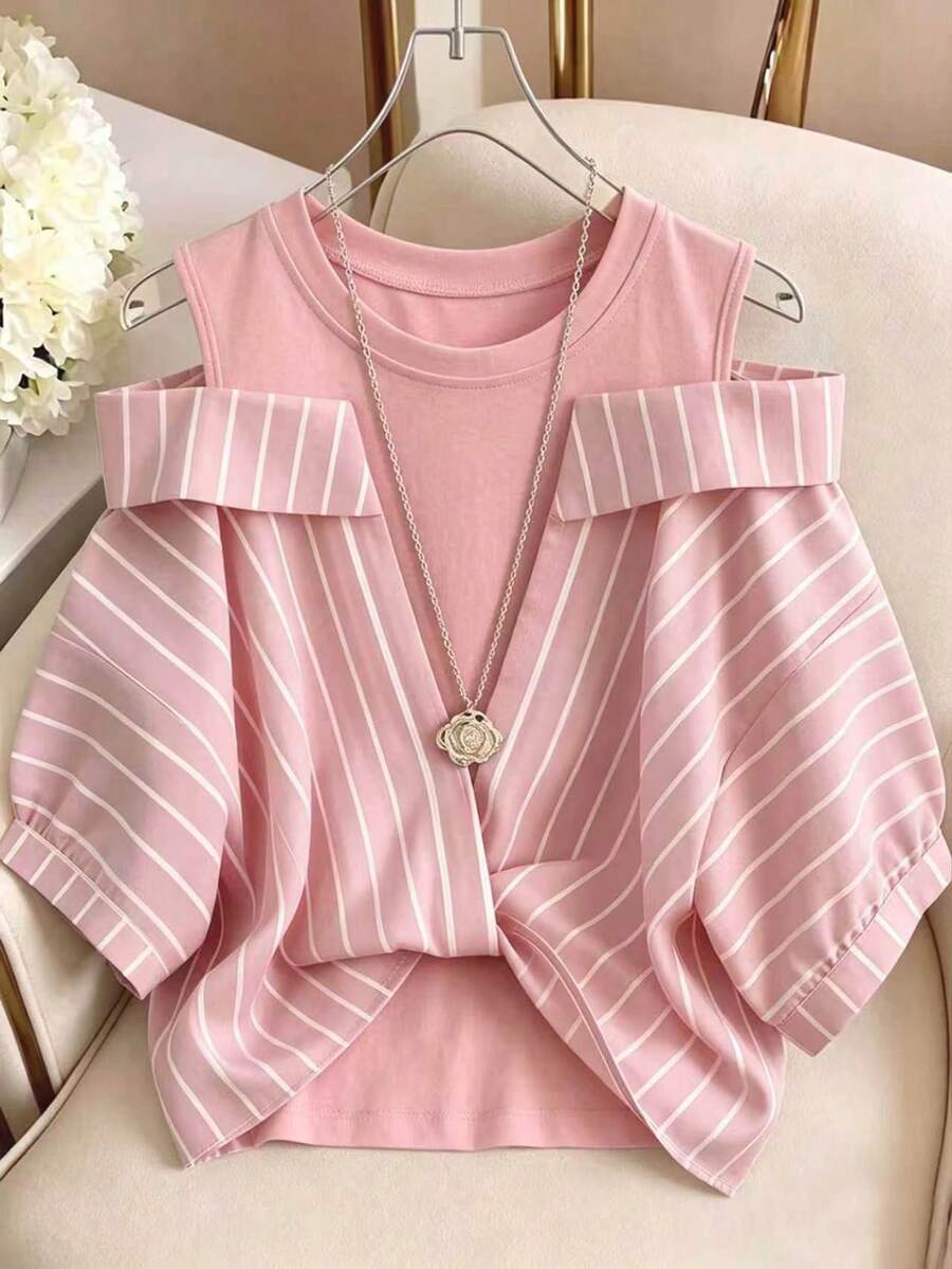 GlowEve Striped 2 In 1 Shirt Vacation Outfits For Women - Pink - View 1
