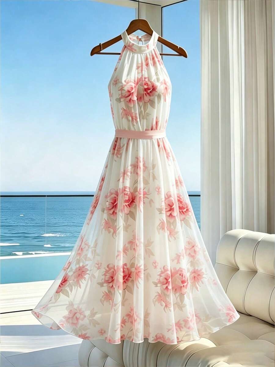 Franclia 女士新款数码印花露背收腰连衣裙,适合海滩度假和旅行 - 粉色 - 查看 1