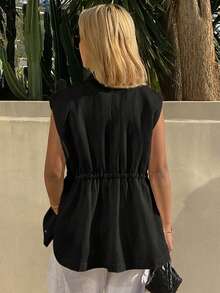 Livesso Summer Holiday Outfit White Collared Waist-Cinching Sleeveless Regular Fit Women's Jacket - Black - View 2