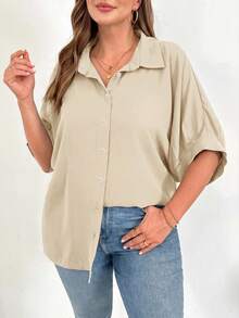 SHEIN Essnce Plus Size Women's Khaki Sommar Smart Casual Shirt,Everyday Loose Breathable Button Blouse,Work Tops,Teacher Shirts,Comfortable Versatile Simple Style - Apricot - View 3