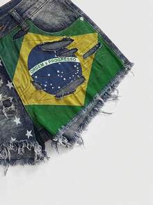 ROMWE Avant Women Vintage Millennium World Cup Brazil Distressed Ripped Super Low-Waist Mini Denim Shorts - Medium Wash - View 4