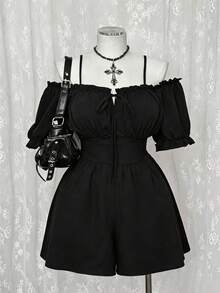 Sunspun Plus Size Summer Casual Solid Color Off-Shoulder Spaghetti Strap Romper - Black - View 1