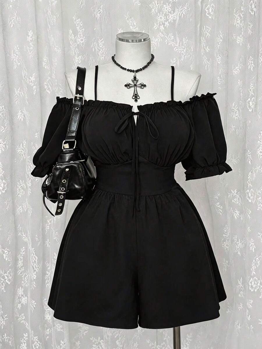 Sunspun Plus Size Summer Casual Solid Color Off-Shoulder Spaghetti Strap Romper - Black - View 1