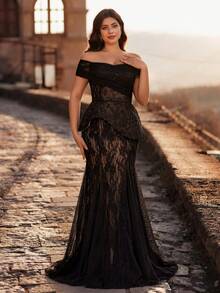 Aureia Plus Size Elegant Luxurious Black Sequin Lace Patchwork Mesh Off Shoulder Mermaid Hem Patchwork Triangular Mesh Dress, Suitable For Evening Party, Gala, Date, Vacation, Wedding, Music Festival, Formal Occasion (Intricate Design) - Black - View 5