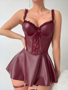 AltCore 4pcs Set Sexy Mesh Ruffle Hem PU Leather A-Line Skirt With Garter Belt - Burgundy - View 4