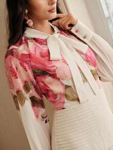 Anewsta Đầm chiffon in hoa thanh lịch mới, cổ nơ, thích hợp dự tiệc cho nữ. - Màu be - Xem 8