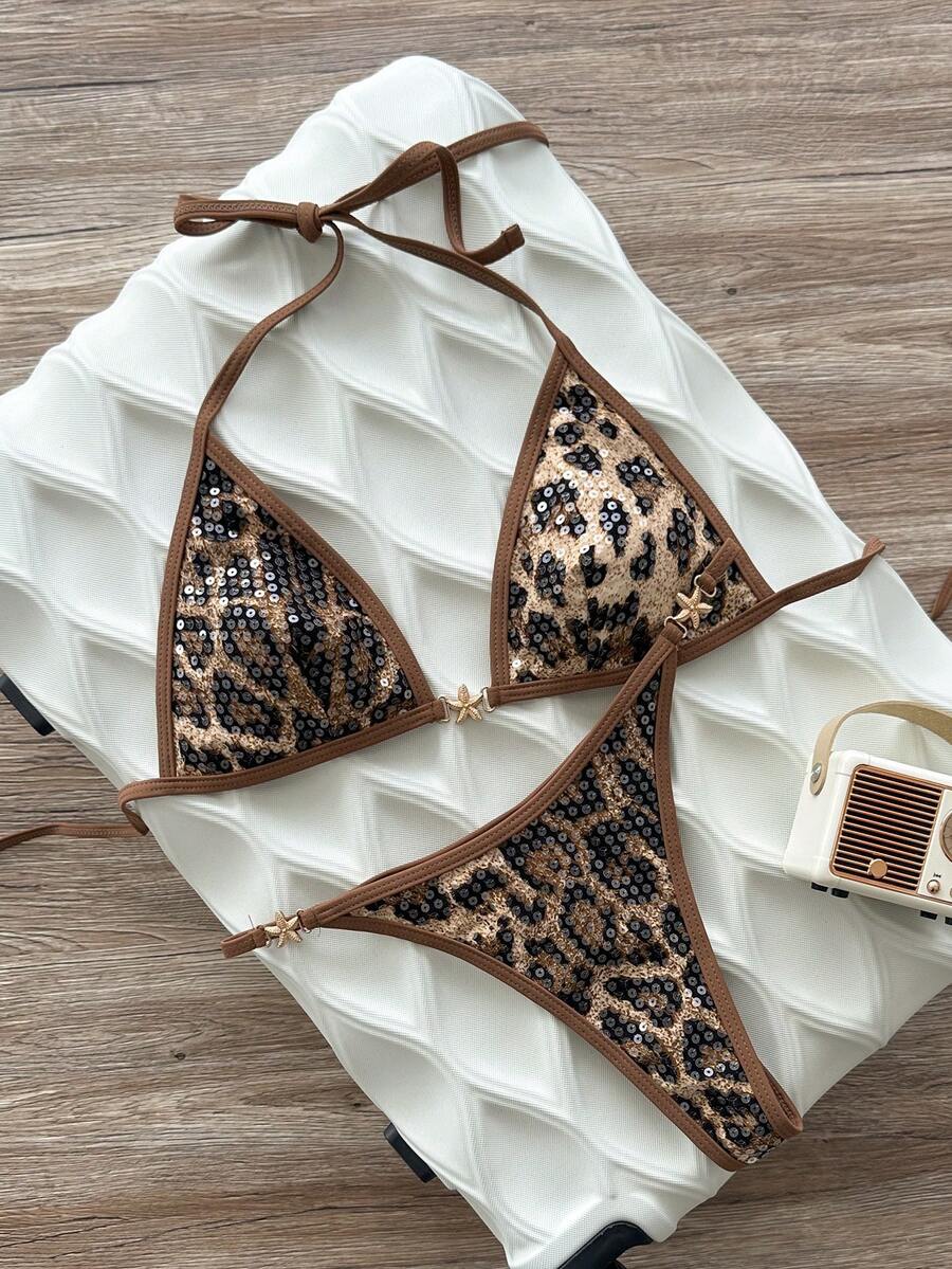 Swim SXY Spring/Summer Solid Color Triangle Wireless Halter Backless Top And Swim Shorts Women Sexy Bikini Set For Beach Vacation - Brown - View 1
