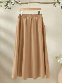 Rusticease Plus Size Women Solid Color Button Design Pocket Casual Skirt Spring Clothing Beach Outfits For Women Vacation Outfits - Khaki - View 2