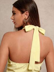 Glamine Halter Tie Waist Slim Sexy Crop Top & Straight Leg Pants 2 Pieces Set, Apricot Woven Fabric, Simple Design, Versatile, New Spring Collection Summer - Yellow - View 3