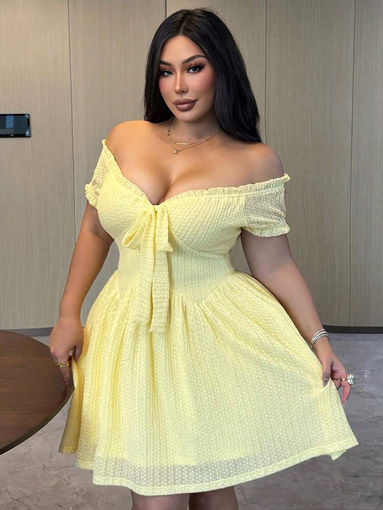 Dazy Plus Knit Wrap Dress Sexy Bodycon Tie-Front Frill Trim Mini Dress, Plus Size, Yellow, Spring/Summer