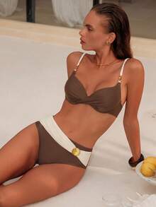 Swim Chiccia Women's Solid Color Underwire Bikini Set With High Waist Bottoms, Spring/Summer - Coffee Brown - View 4