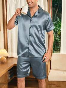 CoupledUp Men's Satin Solid Color Short Sleeve Shorts Pajama Set, Summer - Dusty Blue - View 4