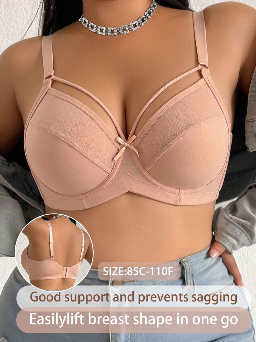 SHEIN Plus Size Women Bow Decor Adjustable Strap Casual Daily Bra - Apricot - View 1