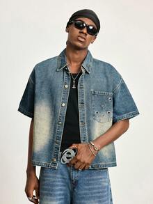 ROMWE MEN Grunge Punk Áo sơ mi denim vintage đã qua xử lý dành cho nam, áo khoác tay ngắn cổ bẻ dáng rộng thoải mái, hàng mới mùa hè. - Màu xanh lam - Xem 1