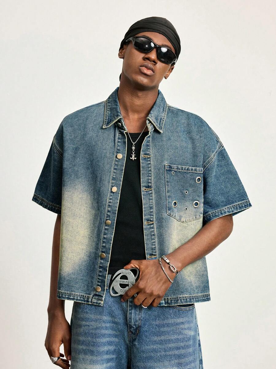 ROMWE MEN Grunge Punk Áo sơ mi denim vintage đã qua xử lý dành cho nam, áo khoác tay ngắn cổ bẻ dáng rộng thoải mái, hàng mới mùa hè. - Màu xanh lam - Xem 1