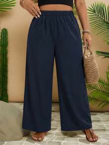 Travachic Plus Size Women Solid Color Loose High Waist Wide Leg Casual Pants - Navy Blue - View 1