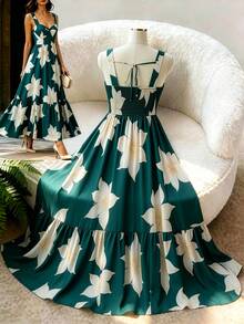 Rometta Plus Size Women's Floral Print Pleated Fashion Dating Vacation Party Dress Green Summer Elegant - Multicolor - View 5
