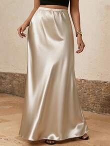 SHEIN PETITE CURVE Plus Size Women Solid Color Casual Versatile Daily Wear Skirt - Apricot - View 1