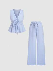 Tall Conjunto de top sin mangas con cuello en V y cintura anudada, y pantalones de pierna ancha, conjunto informal de gasa a rayas tipo burbuja para mujeres altas, primavera/verano - Azul - Ver 11