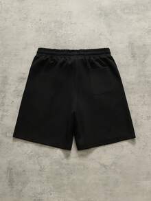 ROMWE MEN Street Life 男士夏季休閒時尚街頭風日常通勤字母印花水鑽抽繩腰鬆身短褲 - 黑色 - 查看 6