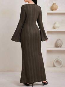 Modelyn Plus Size Women's Solid Color Round Neck Flare Sleeve Fitted Fishtail Hem Elegant Dress - Coffee Brown - View 2