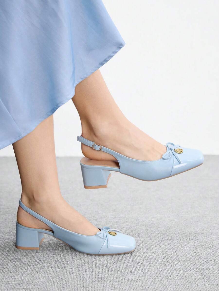 CUCCOO BIZCHIC 女款時尚高跟鞋,扣環蝴蝶結粗跟 PU 全球四季通勤優雅百搭 節日度假辦公室戶外日常 - 淺藍色 - 查看 1