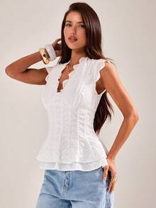 SHEIN BAE Top ligero con cuello en V, encaje bordado y bajo con volantes, dulce y delicado para citas y uso casual, primavera/verano - Blanco - Ver 7